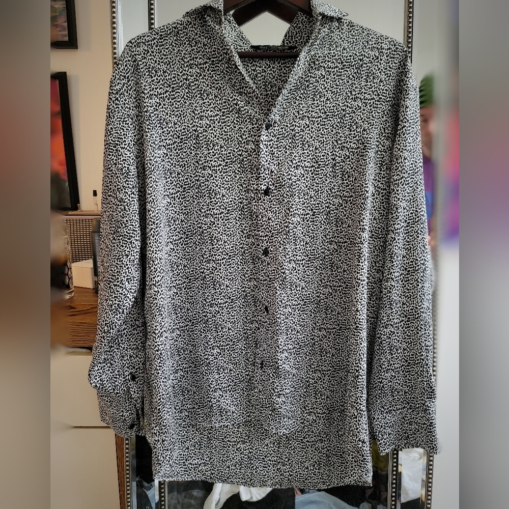 Zara snow leopard print dress shirt. White and black.